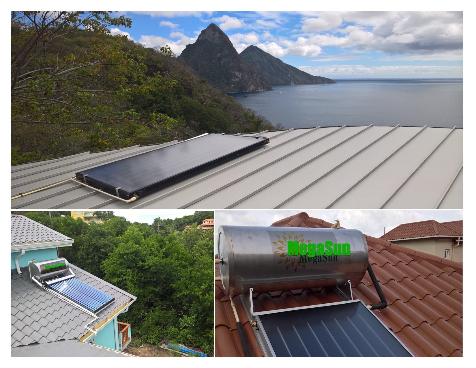 Professional solar water heater installation showing complete system with storage tank and solar collectors