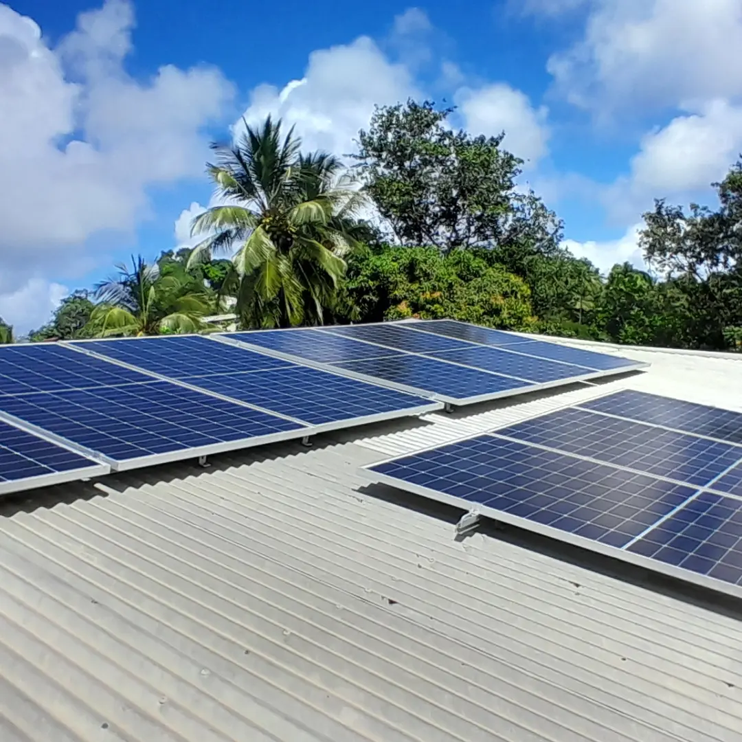 Grid-tie solar photovoltaic system showing solar panels and inverter for residential energy generation